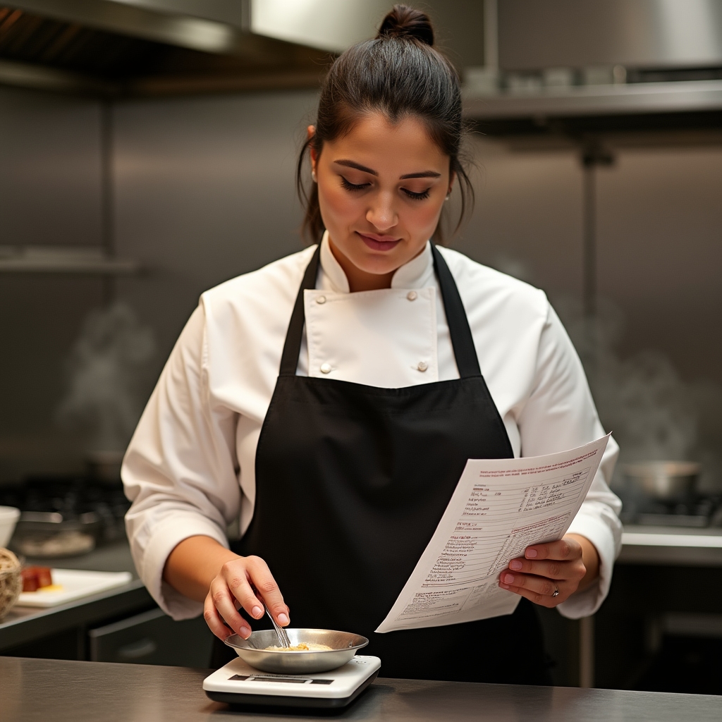 Chef che calcola il food cost degli ingredienti in cucina professionale