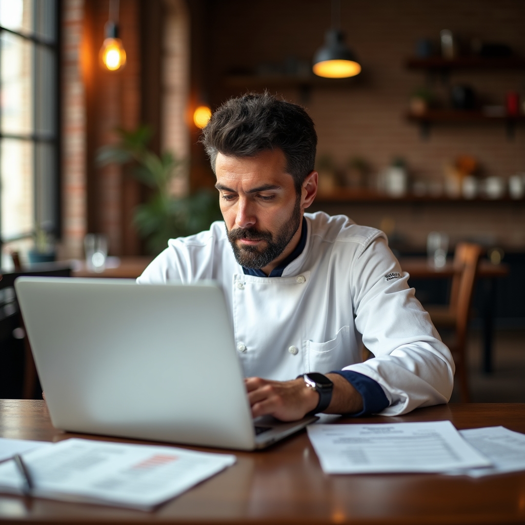 Ristoratore che analizza i numeri del proprio locale con foglio di calcolo