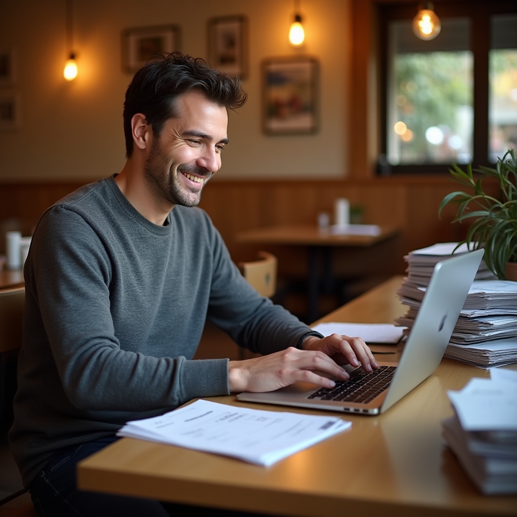 Ristoratore che aggiorna il foglio Excel di gestione economica su laptop in ufficio